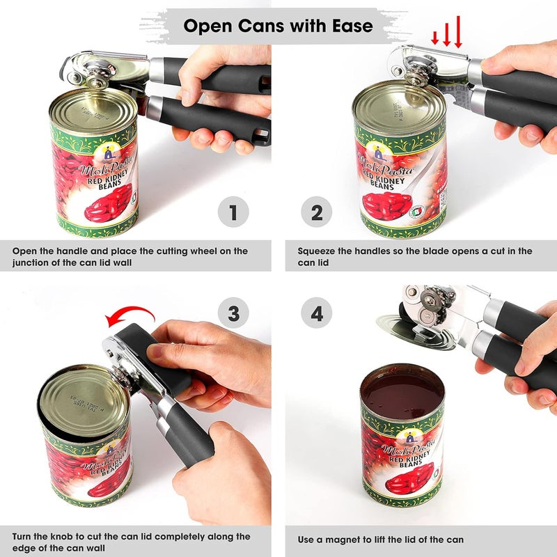 Beneno Heavy Duty Hand Can Opener Manual with Magnet, Durable Sharp Carbon Steel Blade Smooth Cutting, Big Effort-Saving Knob & Soft Grip Handle, Multifunctional Kitchen Tool with Bottle Opener, Black - Image 4